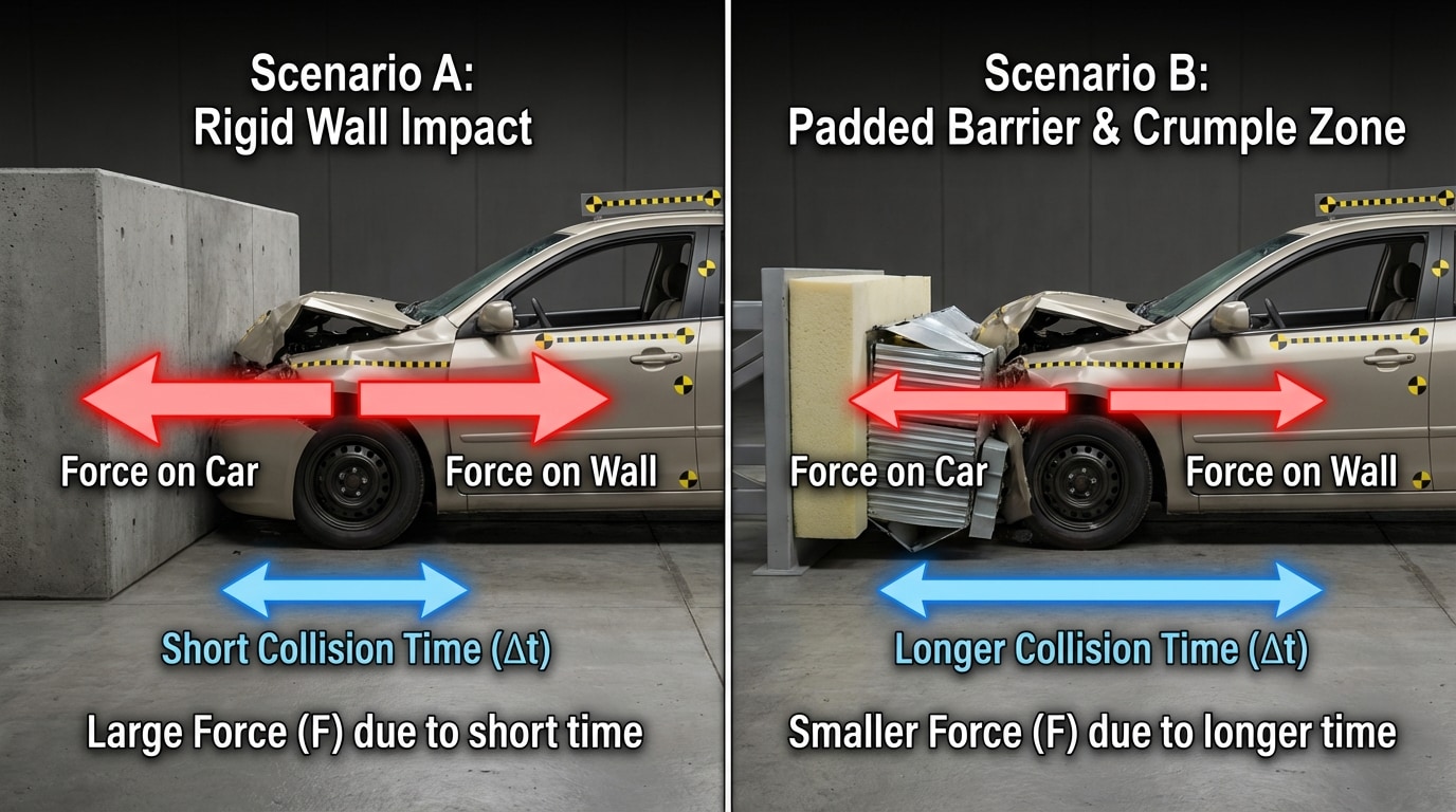 Two side-by-side straight-line crash diagrams. Left: car hits a rigid wall; short collision time arrow and large force arrow. Right: car hits padded barrier with crumple zone; longer collision time arrow and smaller force arrow. Both show equal and opposite forces between car and barrier in each case.