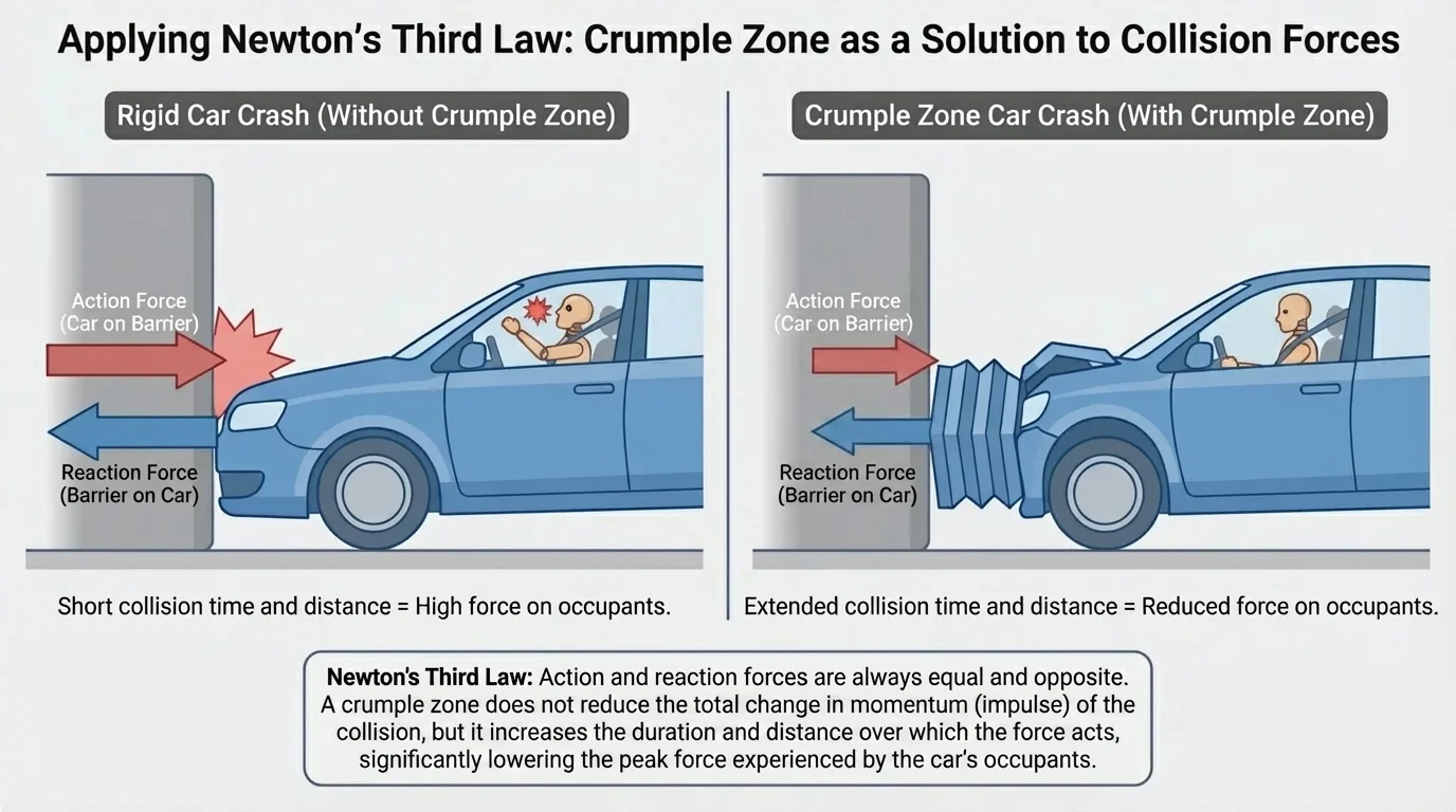 Comparison of a straight-line car crash into a rigid barrier with a rigid front versus a front with a crumple zone, showing the crumple zone compressing