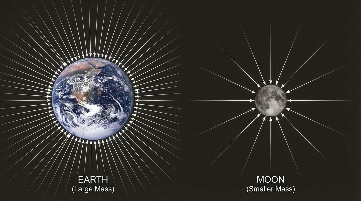 Side-by-side comparison, left: Earth with many dense gravitational field lines; right: Moon smaller with fewer, less dense field lines, both labeled