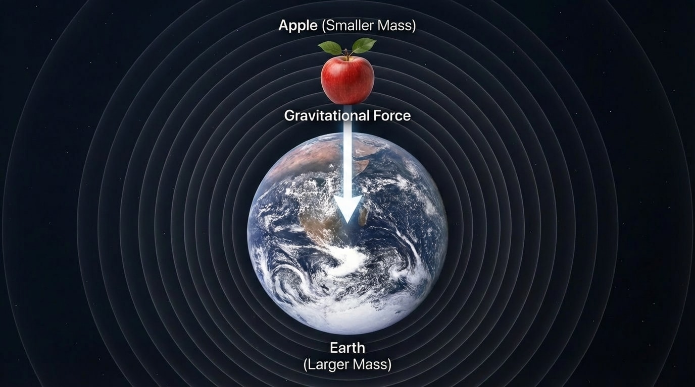 Earth with concentric field lines around it and an apple above the surface with a downward arrow showing gravitational force toward Earth's center