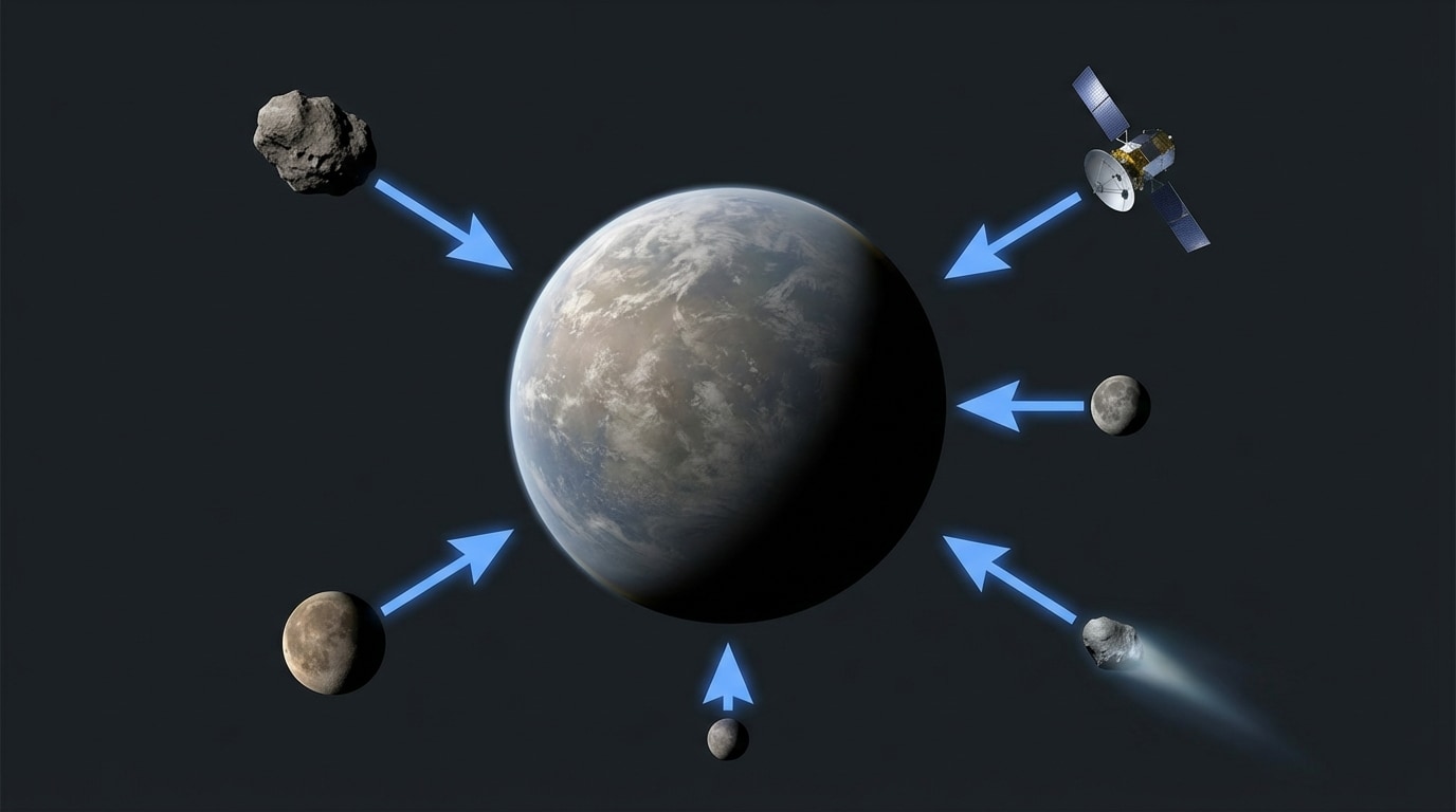 A planet in the center with several small test objects around it, each with an arrow pointing toward the planet's center, illustrating the mapped gravitational field