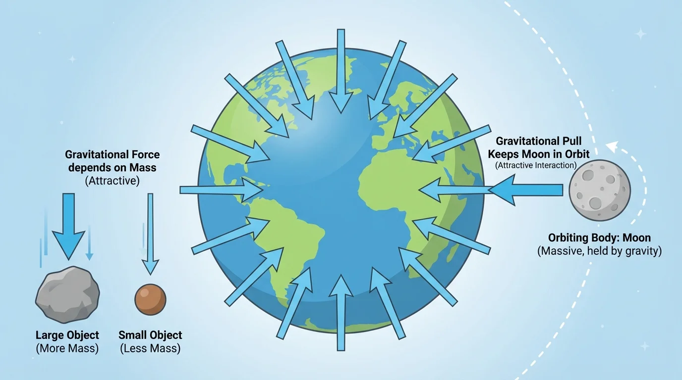 Earth with arrows pointing inward toward the center, nearby falling objects, and the Moon in orbit showing gravitational attraction
