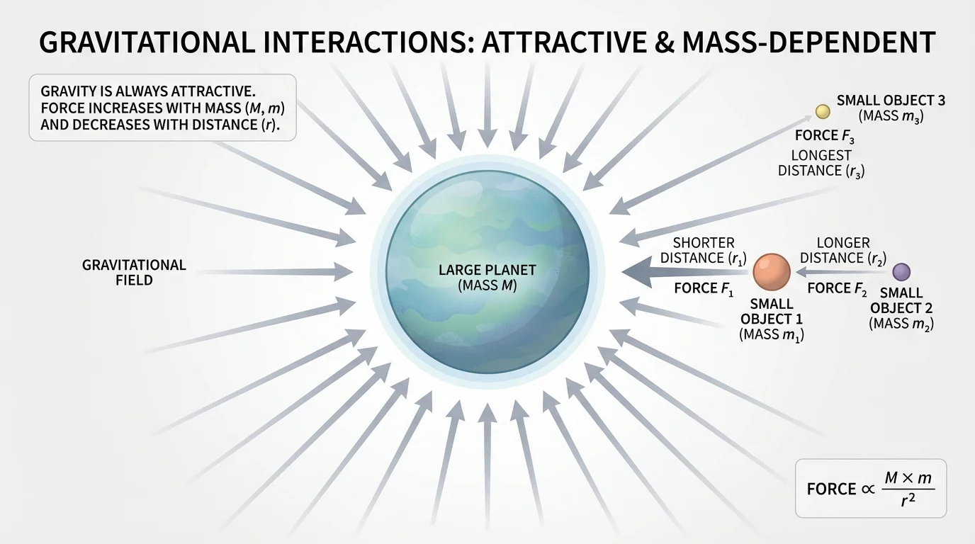 Planet surrounded by evenly spaced field arrows pointing inward, with small test objects at different distances showing direction of pull