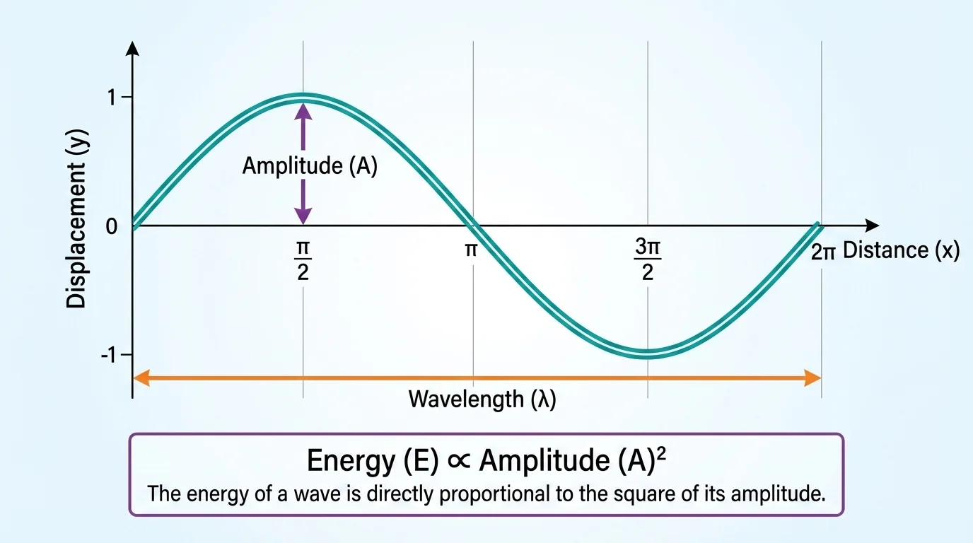 Wave graph on horizontal distance axis and vertical displacement axis, with one full wavelength marked crest to crest and amplitude marked from rest line to crest