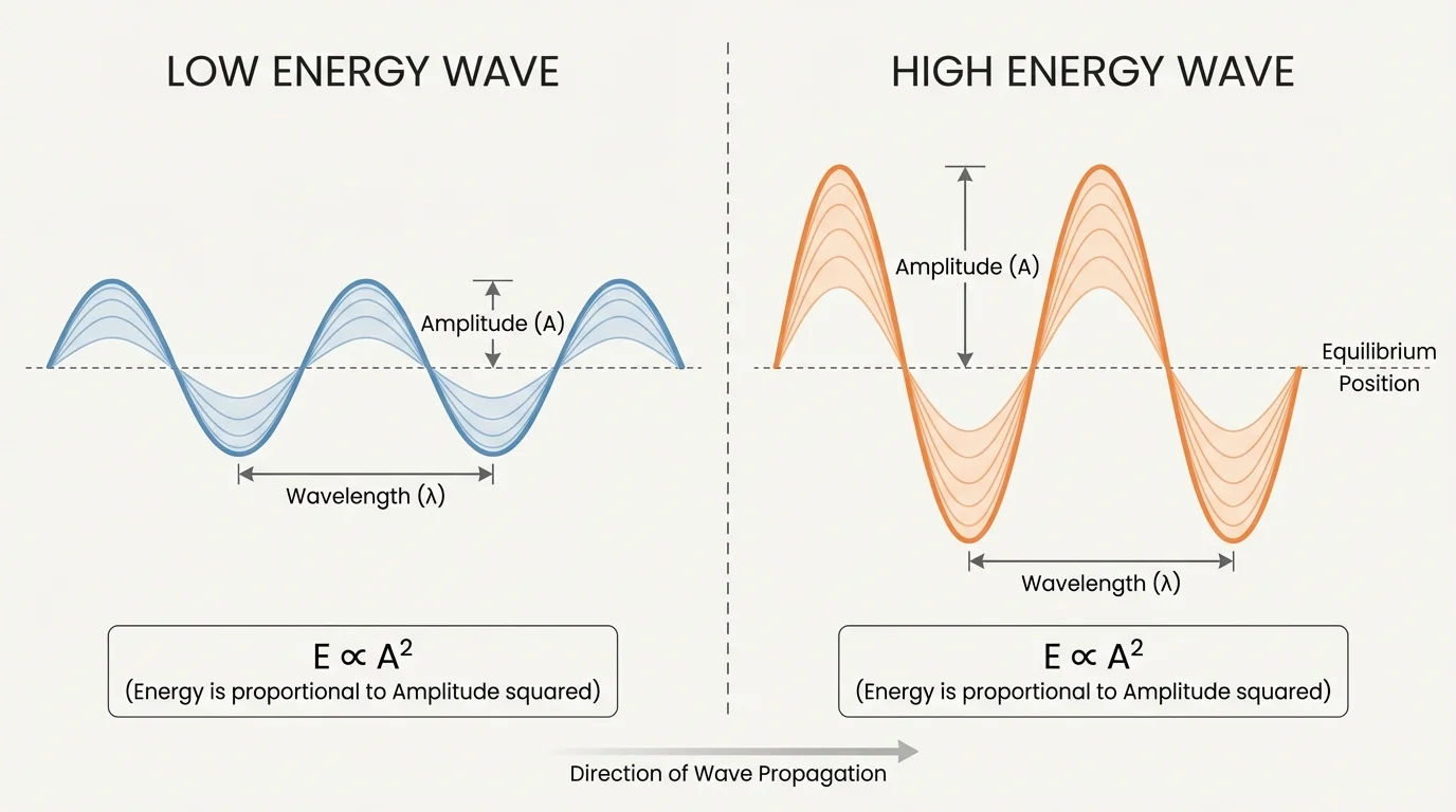 Two side-by-side transverse waves with the same wavelength but different amplitudes, labeled low energy for the smaller amplitude and high energy for the larger amplitude