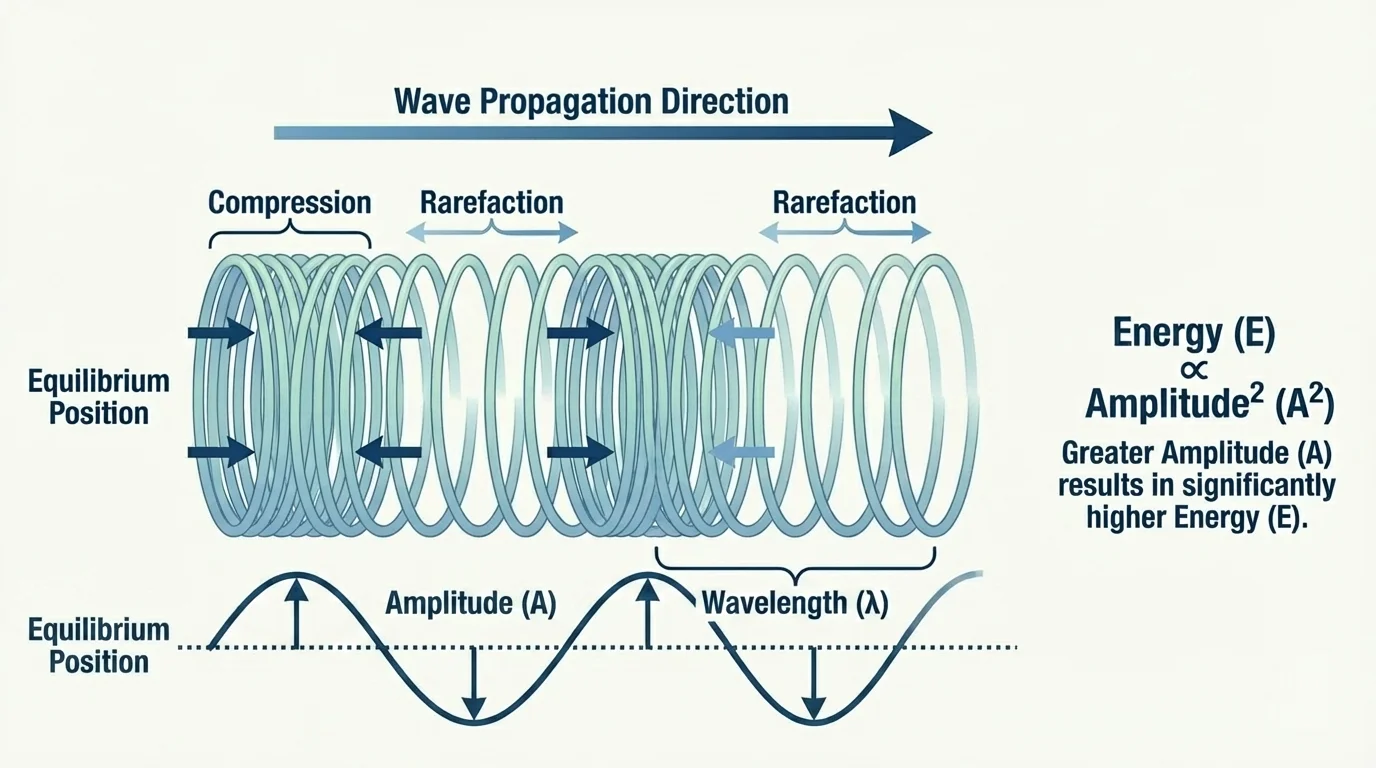 Slinky-style longitudinal wave with compressions and rarefactions, arrows showing particles vibrating back and forth parallel to the direction the wave travels
