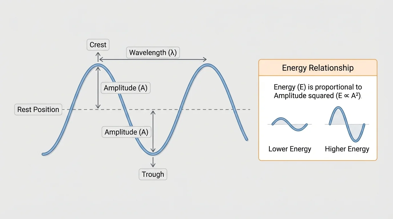 Labeled transverse wave showing crest, trough, rest position, amplitude measured vertically from the middle line, and wavelength measured horizontally from crest to crest