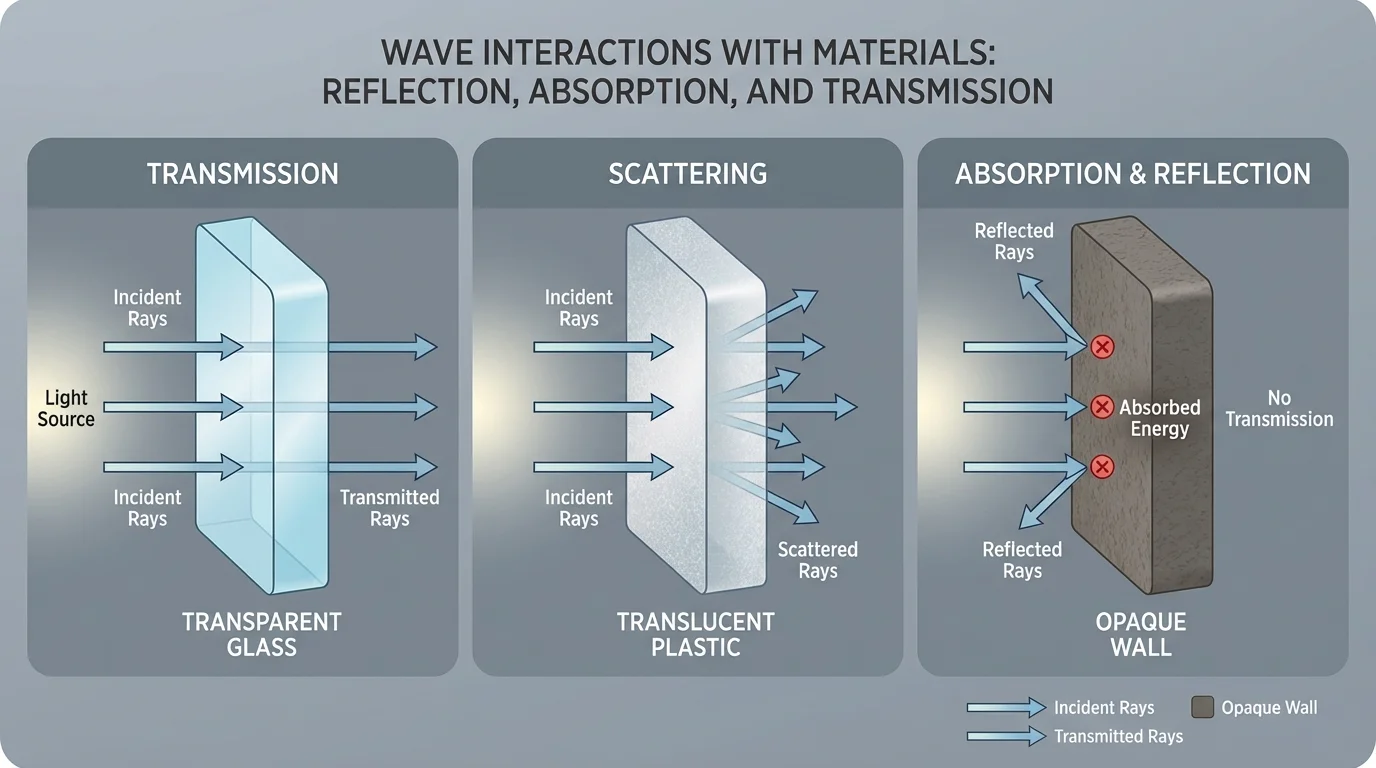 Three side-by-side sketches: light rays passing straight through transparent glass, scattered through translucent plastic, and stopped by an opaque wall