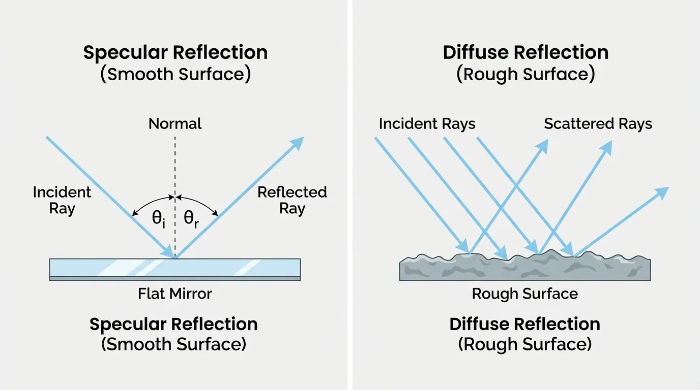 A light ray hitting a flat mirror with incident and reflected rays, plus a rough surface scattering multiple rays in different directions
