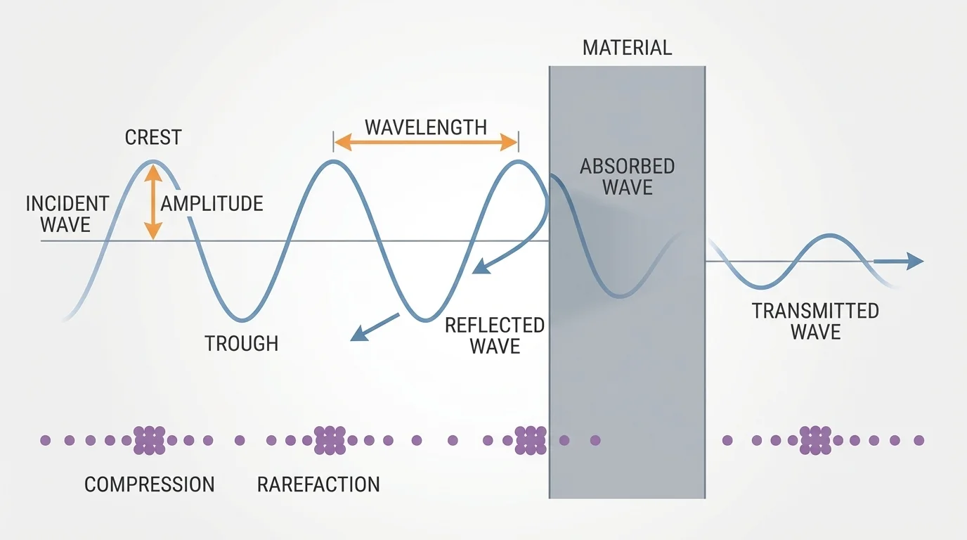 Simple wave with crests and troughs labeled, arrows marking wavelength and amplitude, plus a row of particles to one side showing a mechanical wave compressions/rarefactions