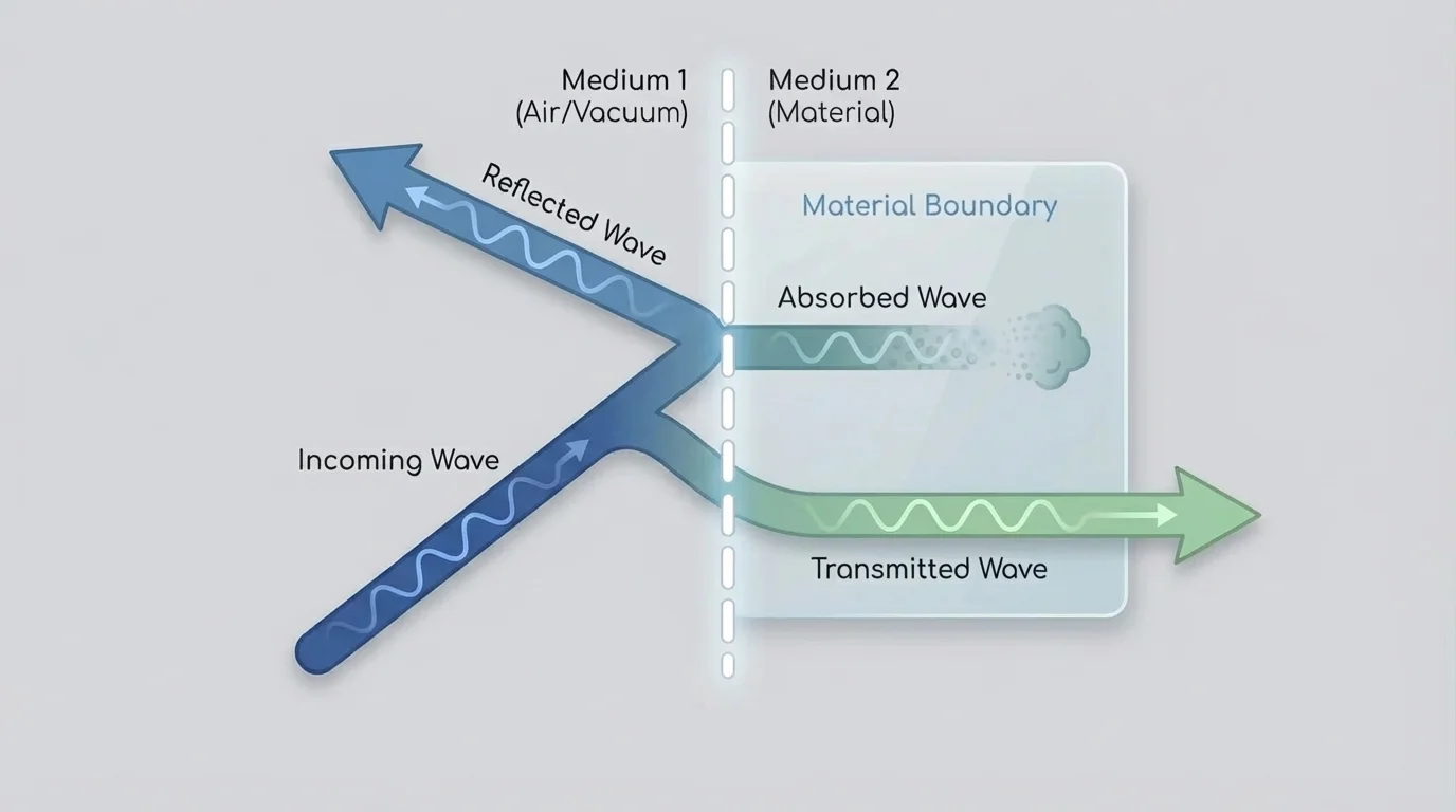 An incoming wave arrow hitting a boundary line, splitting into three arrows: one bouncing back (reflected), one going into the material and fading (absorbed), and one passing through (transmitted)