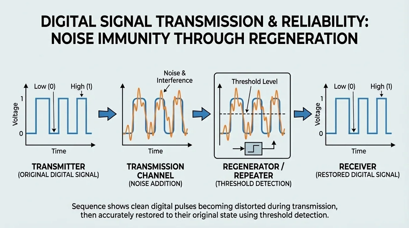 Sequence showing digital pulses becoming distorted by noise and then restored to clean pulses