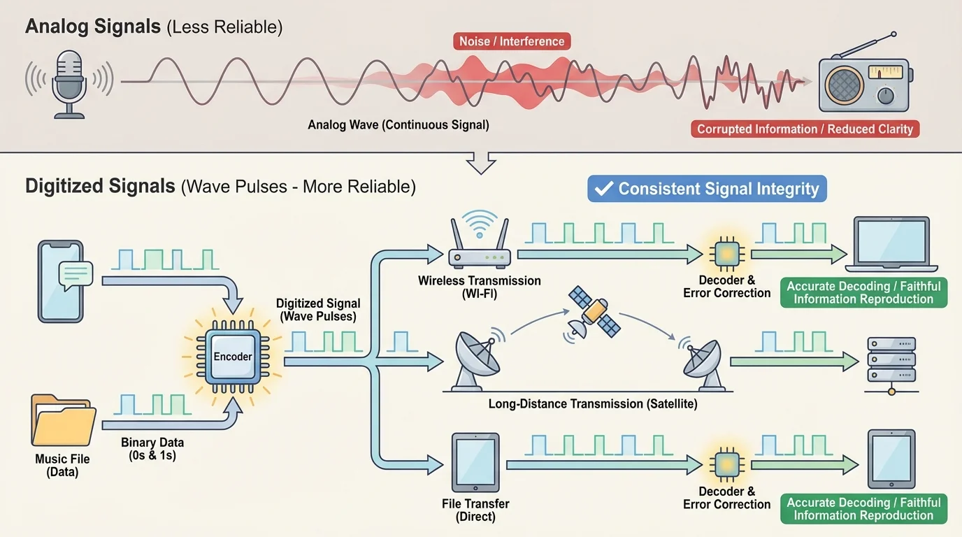 Everyday technologies that encode and transmit information as digital wave pulses, including a smartphone, Wi-Fi router, satellite dish, and music file transfer