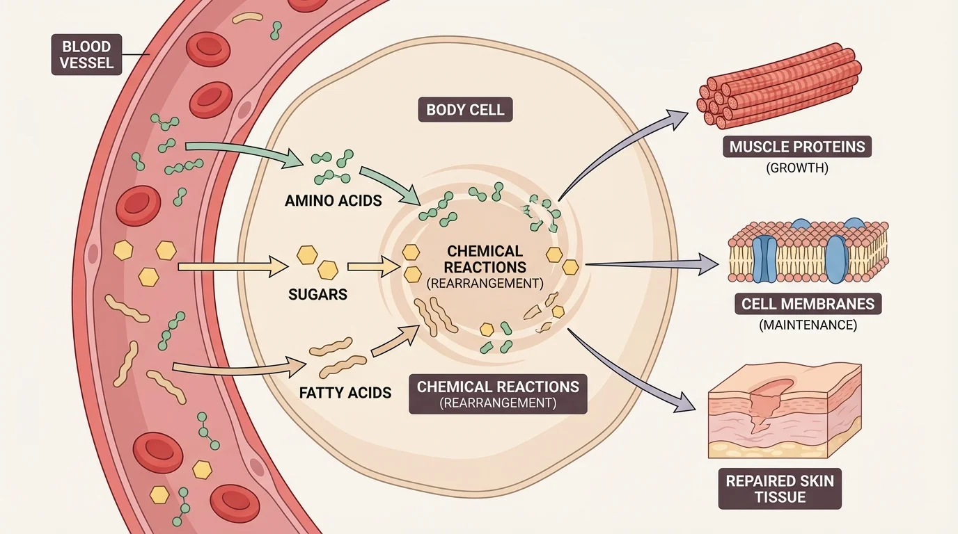 body cells receiving amino acids, sugars, and fatty acids from blood, with arrows showing formation of muscle proteins, cell membranes, and repaired skin tissue