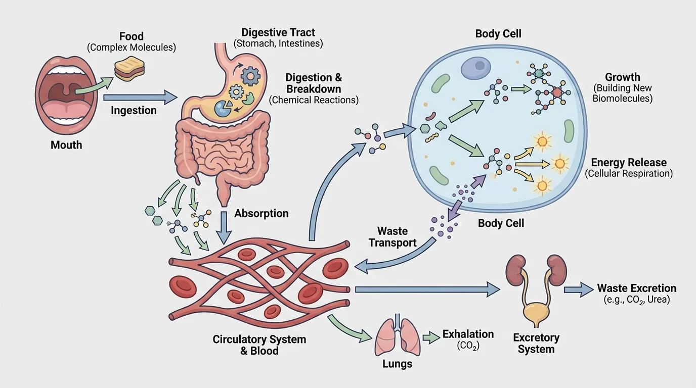 food enters mouth, digestion in stomach and intestines, molecules absorbed into blood, transported to cells, used for growth or energy release, wastes exit body