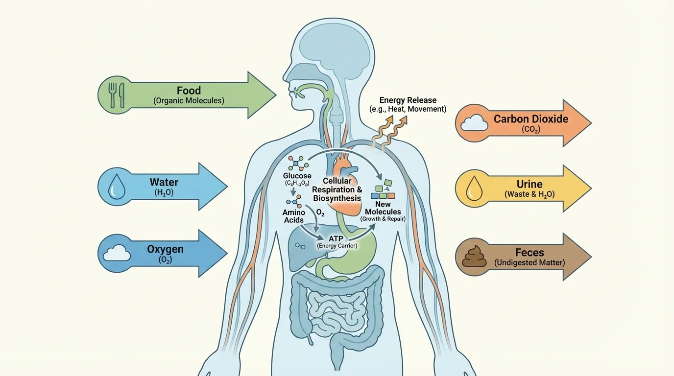 human body silhouette with arrows inward for food, water, oxygen and arrows outward for carbon dioxide, urine, and feces