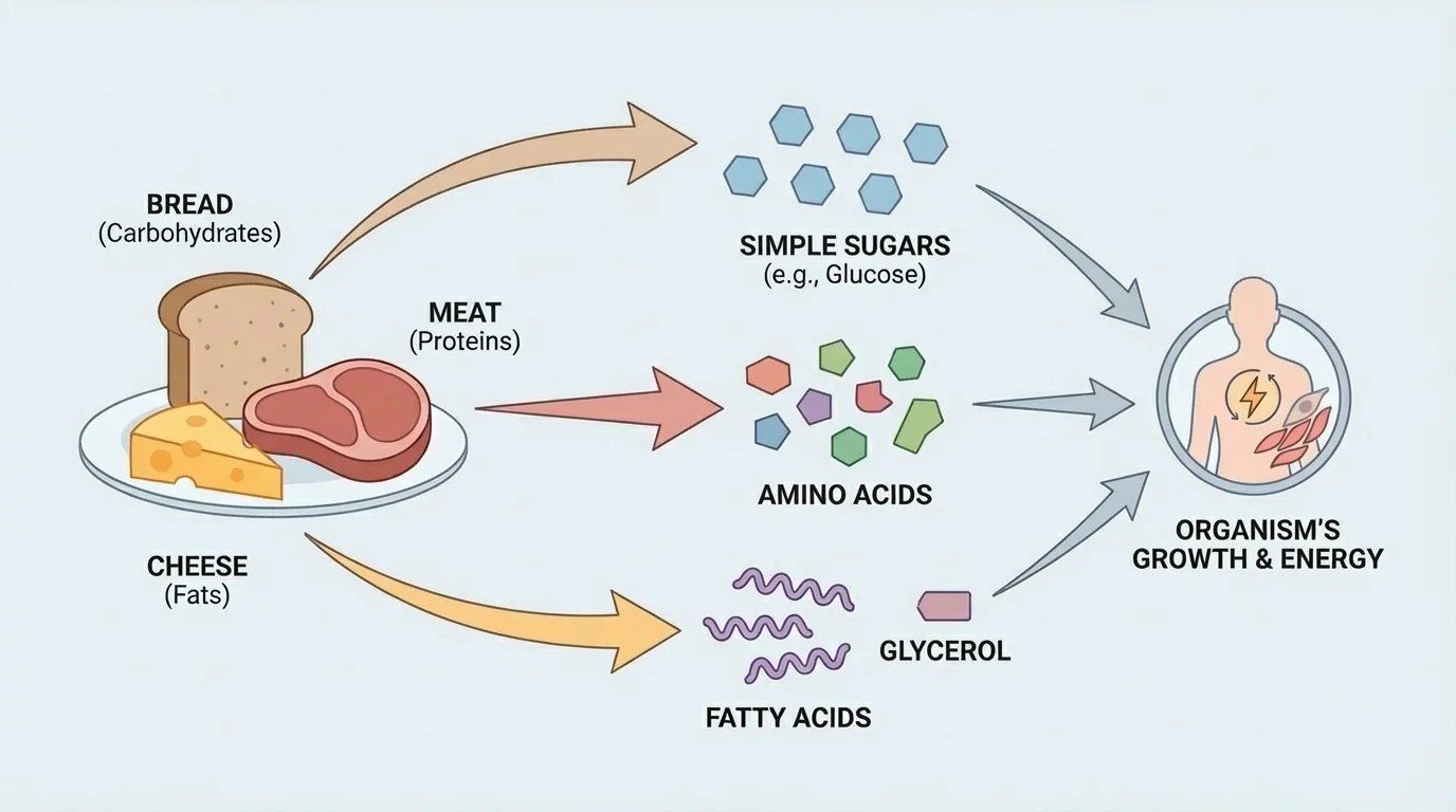 meal labeled bread, meat, and cheese with arrows showing carbohydrates to simple sugars, proteins to amino acids, and fats to fatty acids and glycerol