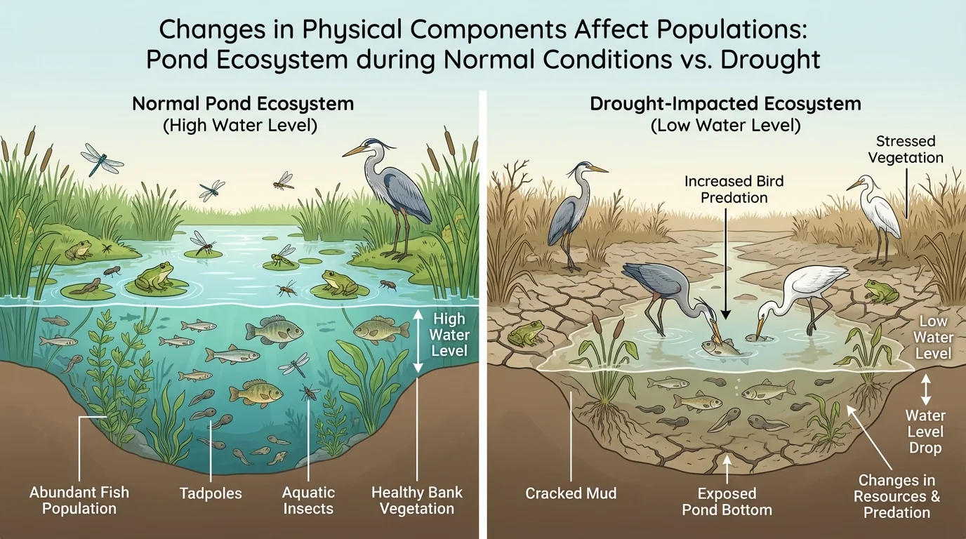 two-panel scene of the same pond, one with normal water level and many fish, frogs, plants, and insects, the other during drought with low water, fewer organisms, cracked mud at edges, and birds hunting more easily