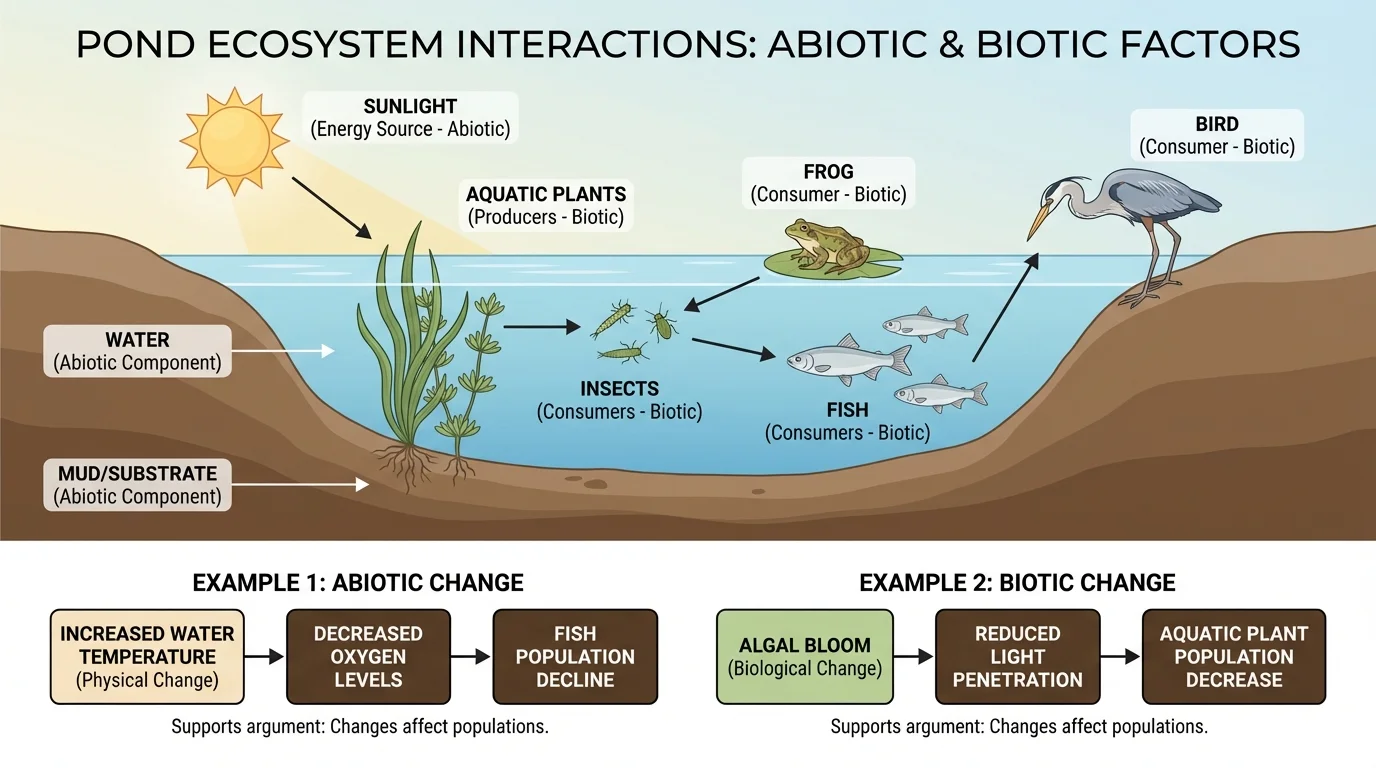 labeled pond ecosystem showing sunlight, water, mud, aquatic plants, insects, fish, frog, and bird, with abiotic and biotic components clearly identified