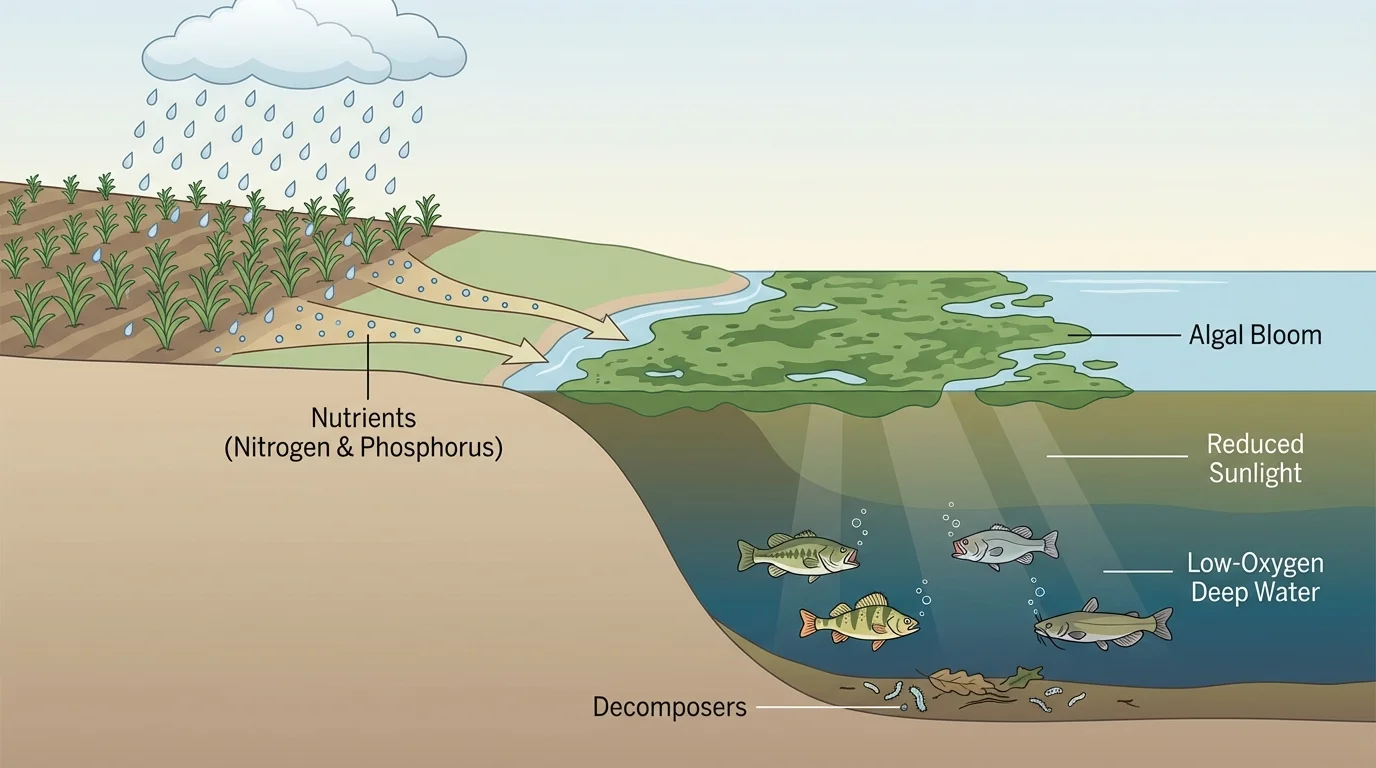 farm field beside a lake with rain runoff carrying nutrients into water, thick algae at the surface, reduced light below, and fish in low-oxygen deeper water