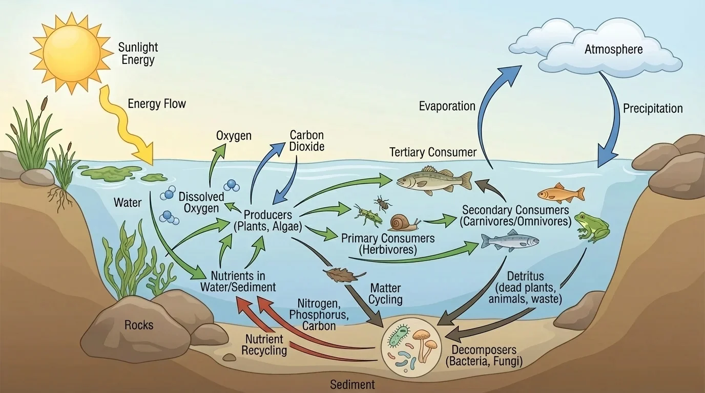Labeled pond ecosystem with sunlight, water, rocks, plants, fish, insects, frog, bacteria, and arrows showing interactions among living and nonliving parts