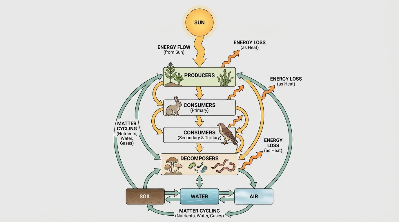 Simple systems model with boxes for sun, producers, consumers, decomposers, soil, water, and air; arrows for energy flow one-way and matter cycling in loops
