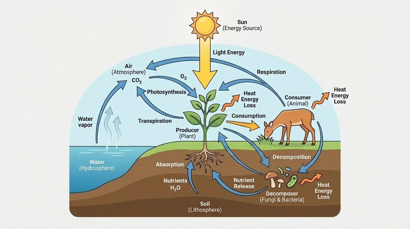 Ecosystem cycle diagram with air, soil, water, plant, animal, decomposer, and arrows showing matter moving in loops among living and nonliving parts