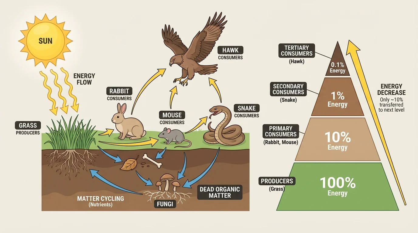 Grassland food web with sun, grass, rabbit, mouse, snake, hawk, fungi, and a side energy pyramid that becomes narrower from producers to top consumers