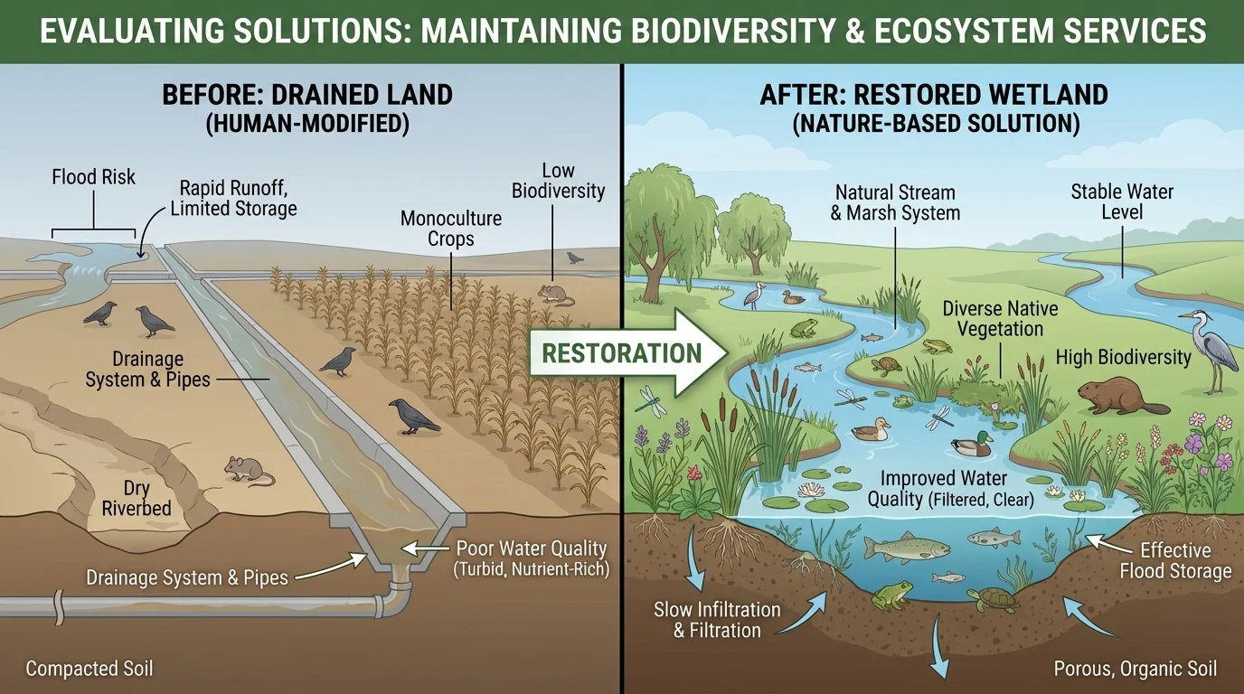 Before-and-after comparison of drained land and restored wetland showing more plants and animals, better water quality, and greater flood storage after restoration