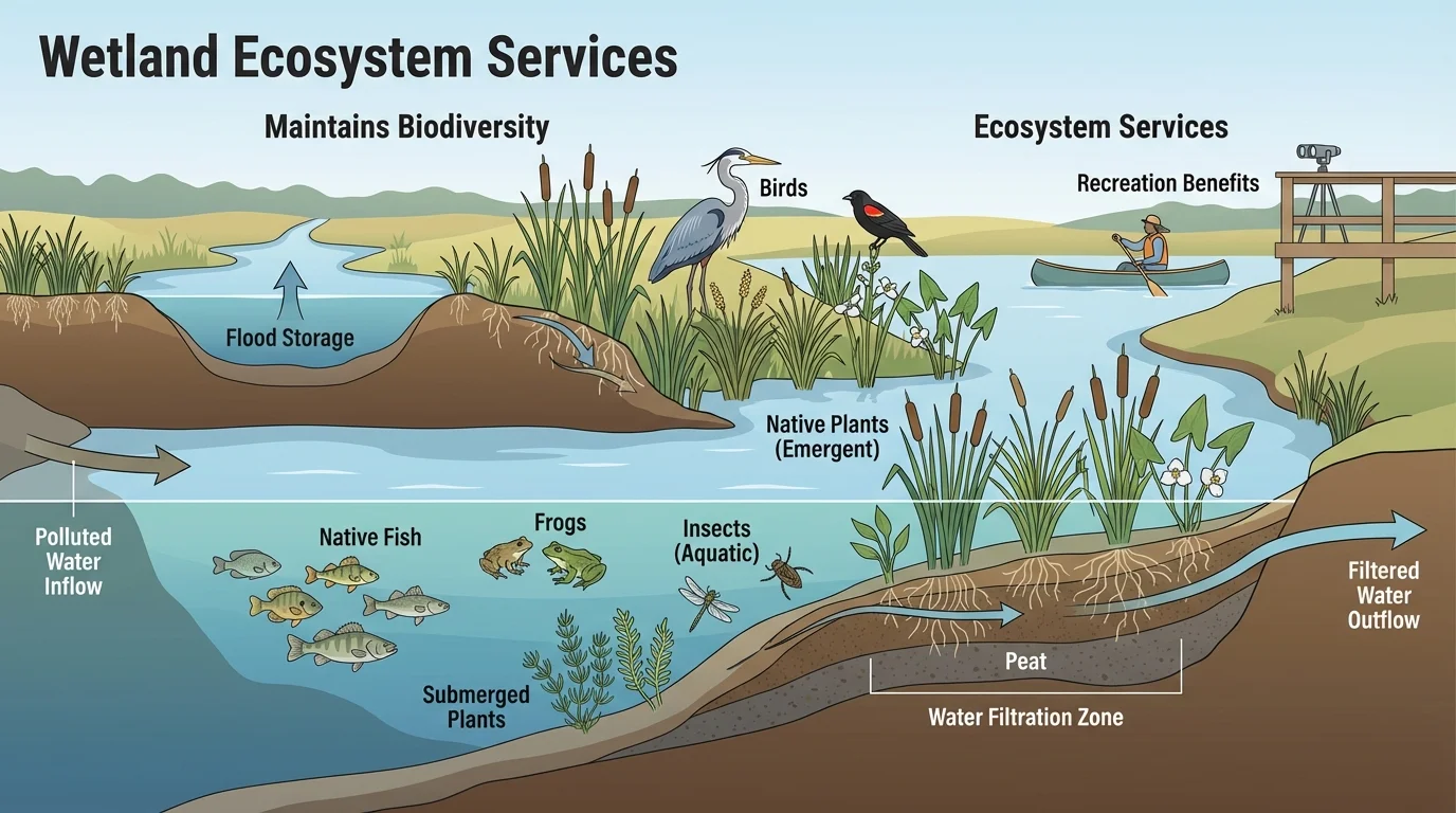 Labeled wetland ecosystem showing birds, fish, frogs, insects, native plants, water filtration, flood storage, and recreation benefits