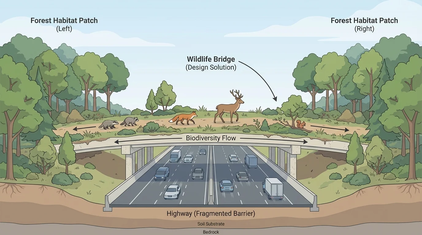 Two forest habitat patches separated by a highway, connected by a wildlife bridge with deer, fox, and small mammals crossing safely