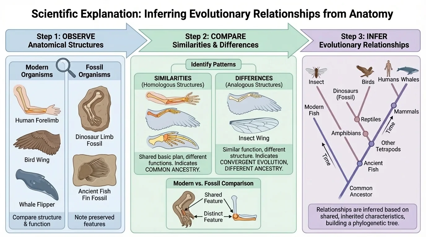 Scientific explanation process from observing structures to comparing similarities and differences to inferring evolutionary relationships