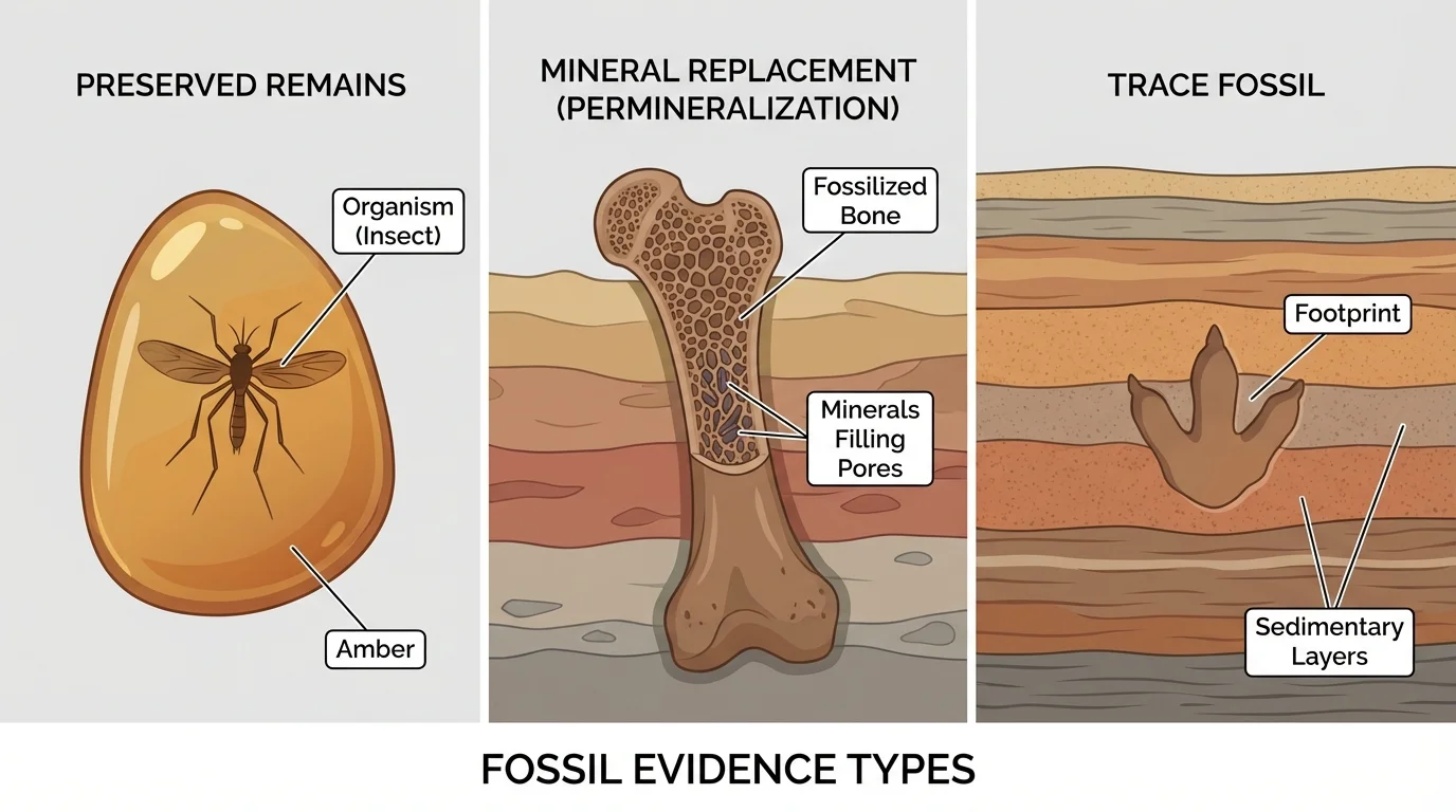 Examples of fossil evidence including preserved remains, mineral replacement in bone, and a trace fossil footprint in sediment layers