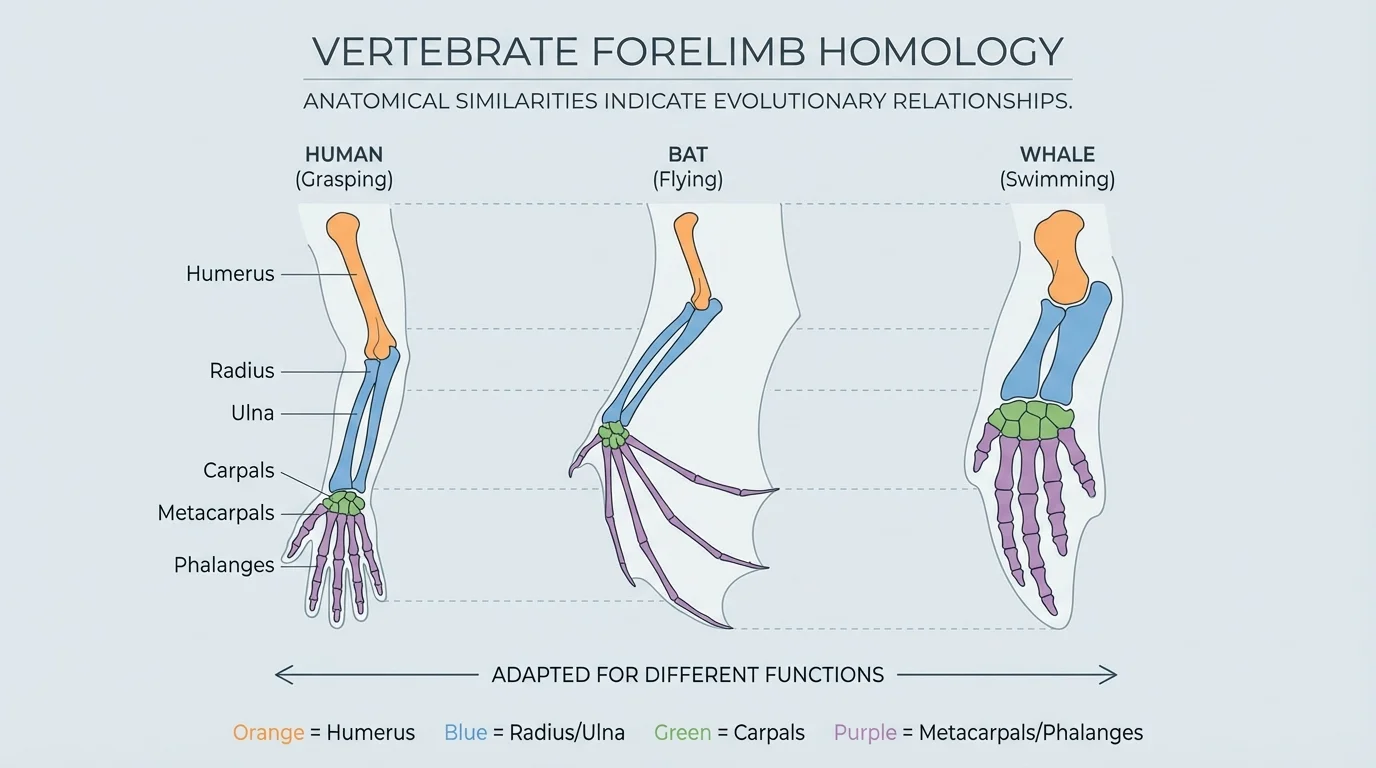 Labeled comparison of several vertebrate forelimbs showing the same main bone pattern adapted for grasping, flying, and swimming