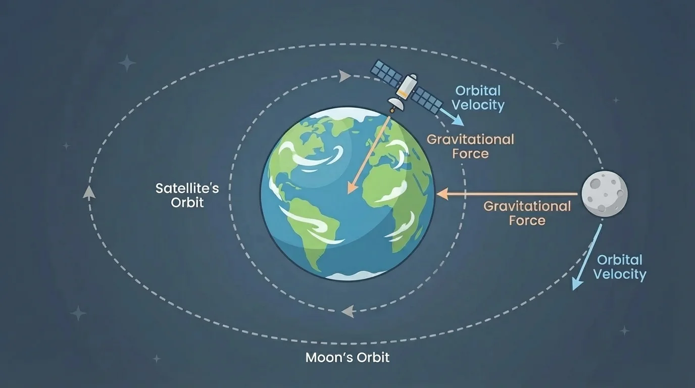 Earth with Moon orbit and a satellite orbiting closer to Earth, labeled with curved paths