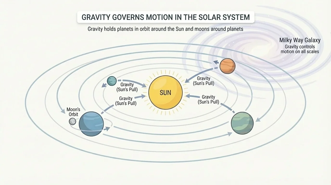 Solar system diagram with Sun at center, curved planet paths, and one moon orbiting a planet