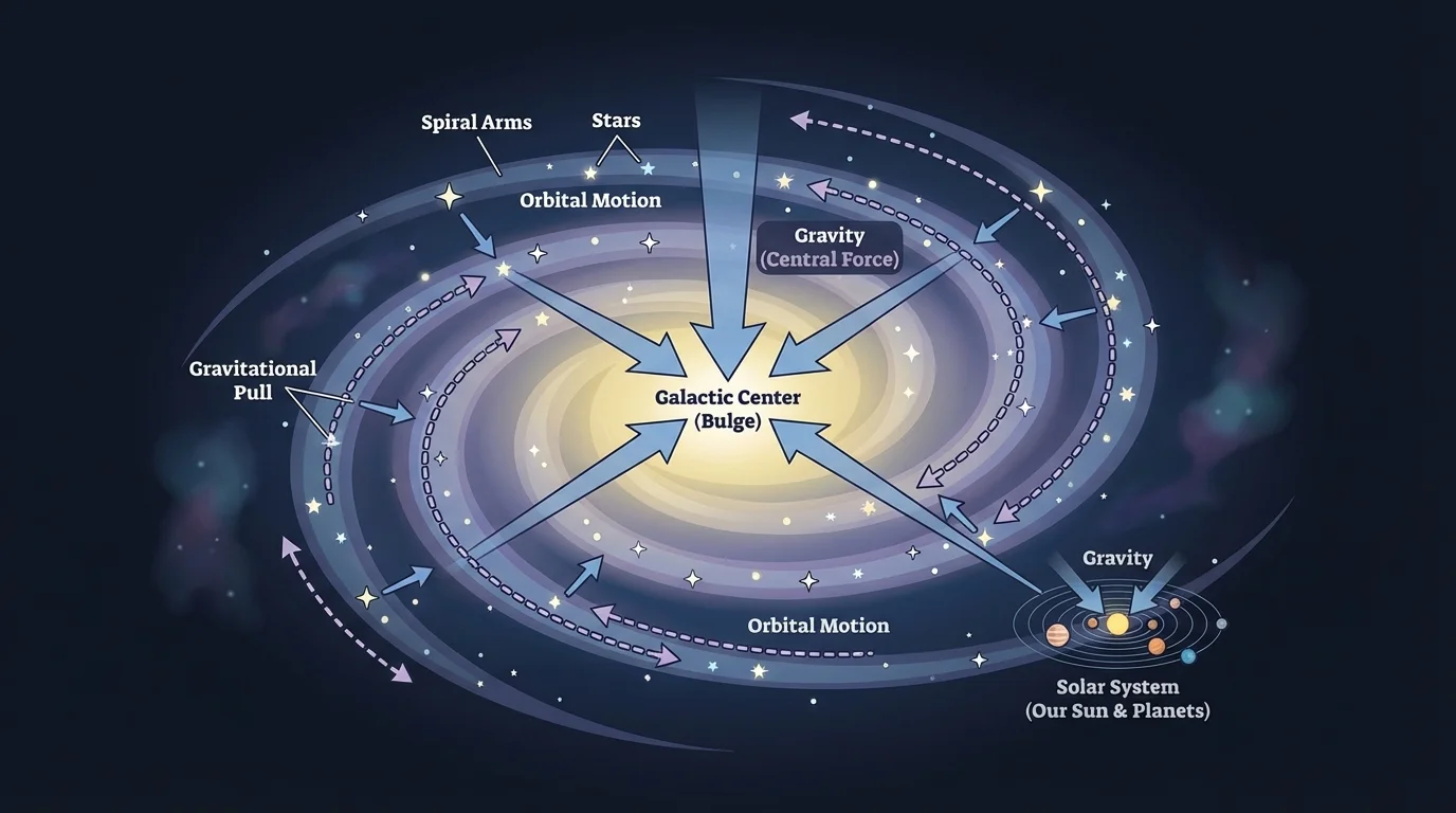 Spiral galaxy with arrows showing stars moving around the galactic center