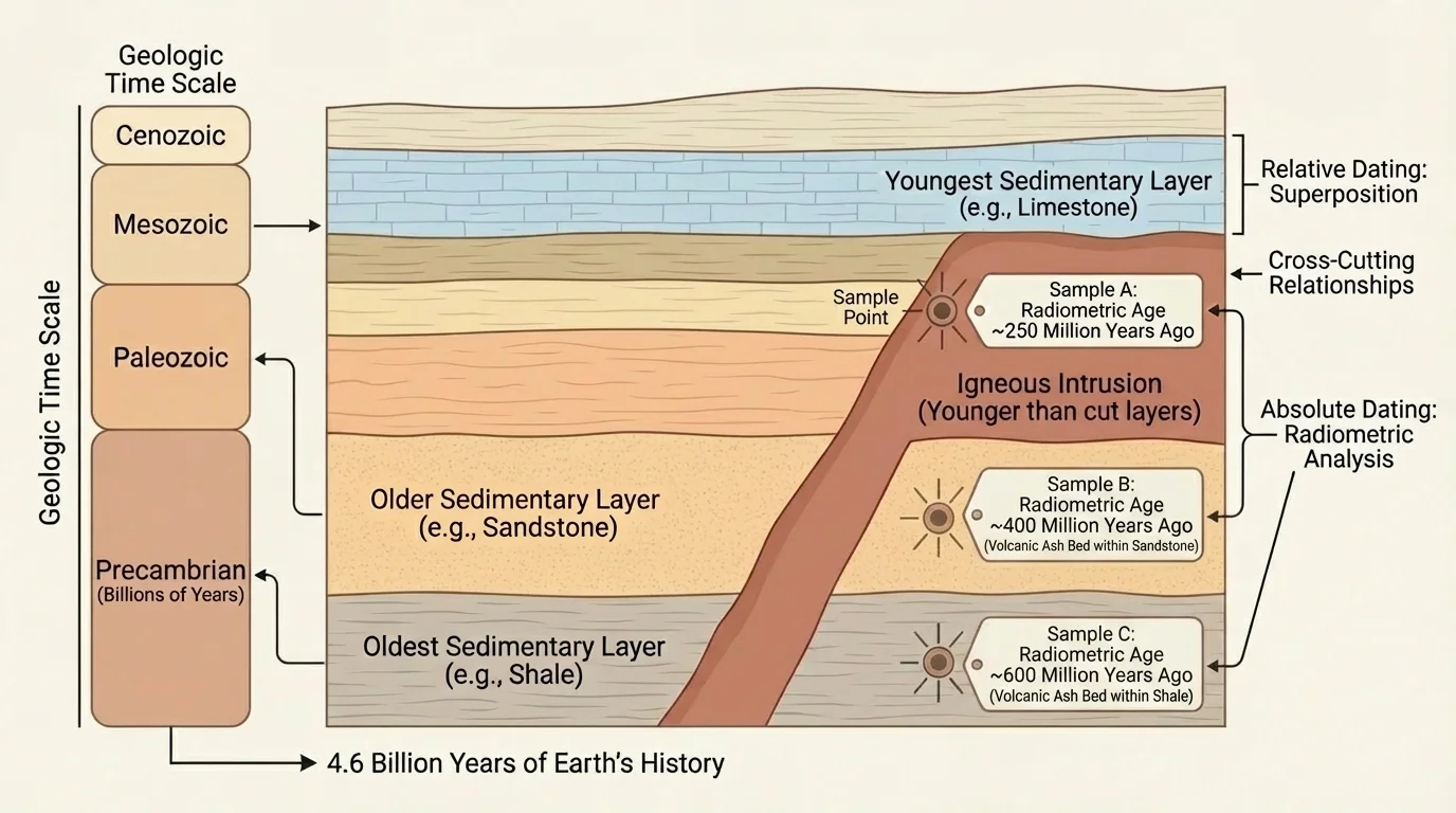 Rock cross-section with sedimentary layers, an igneous intrusion cutting through them, and sample points for radiometric dating