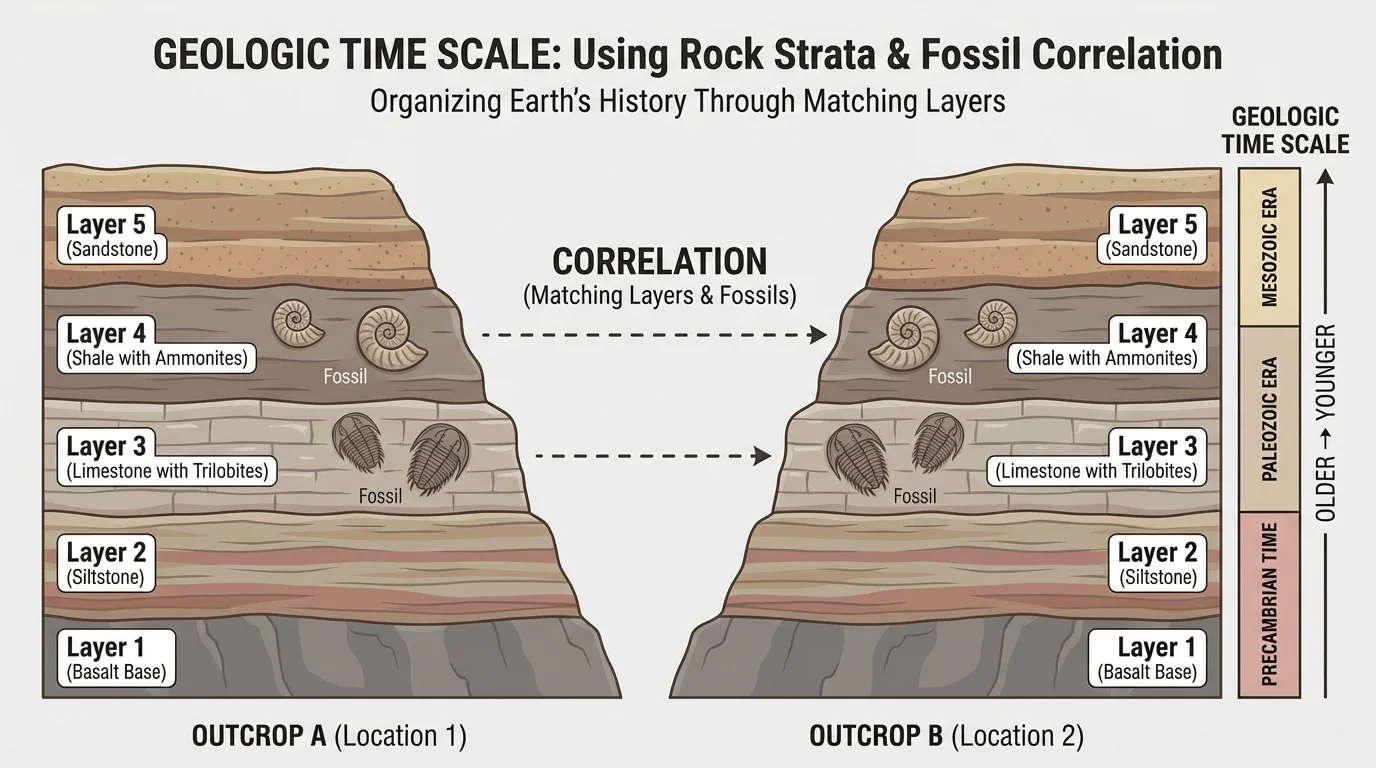 Two distant rock outcrops with matching fossil-containing layers aligned to show correlation across locations