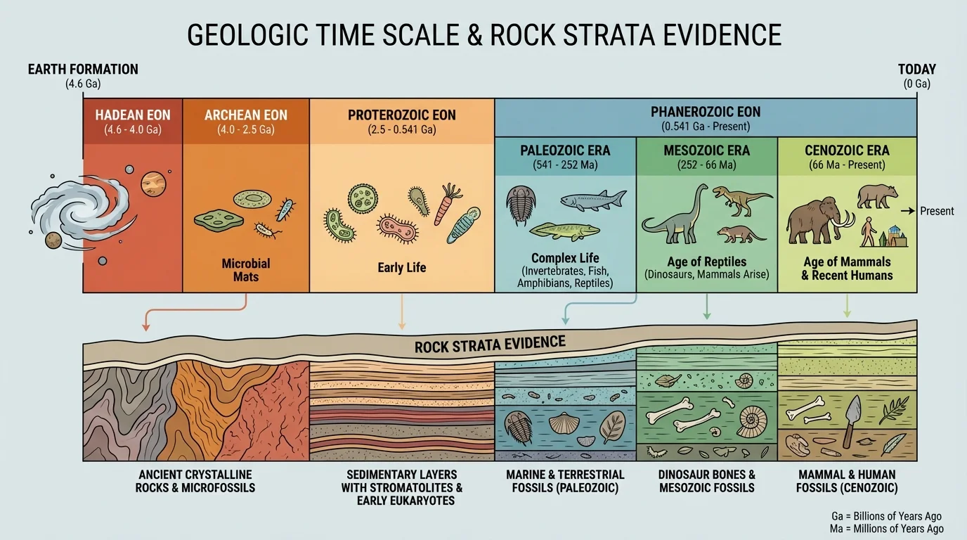 Simplified geologic time scale timeline from Earth's formation to today, showing major divisions and broad events like early life, complex life, and recent humans