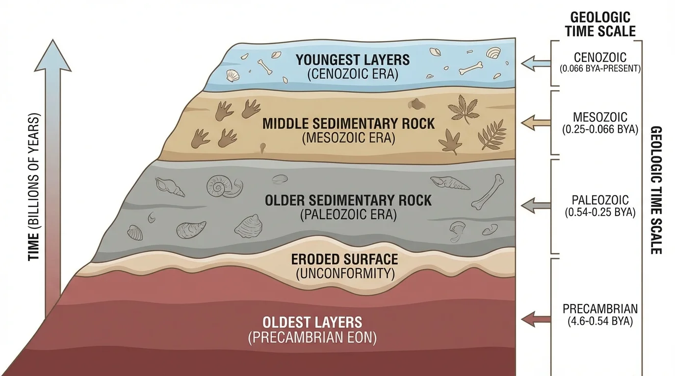 Cross-section of layered sedimentary rock with labeled strata, oldest lower layers, youngest upper layers, and one eroded surface