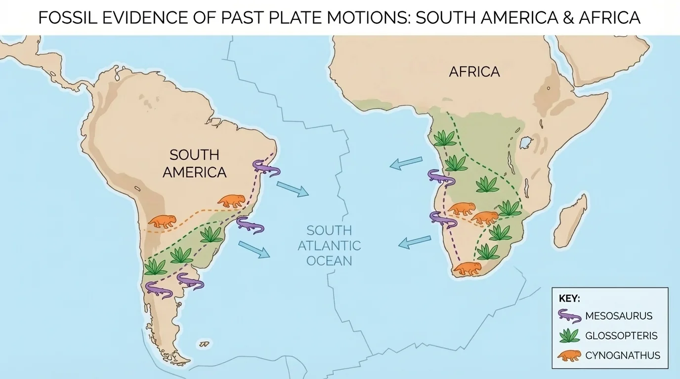 map of South America and Africa with matching fossil locations for Mesosaurus, Glossopteris, and Lystrosaurus marked on both continents