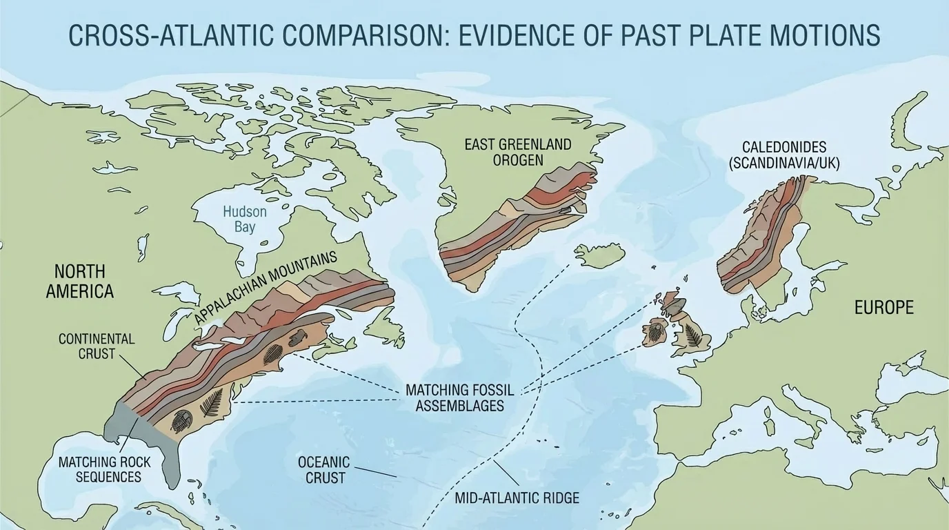 cross-Atlantic comparison showing Appalachian Mountains aligned with related mountain ranges in Greenland and Europe, with matching rock layers and labels