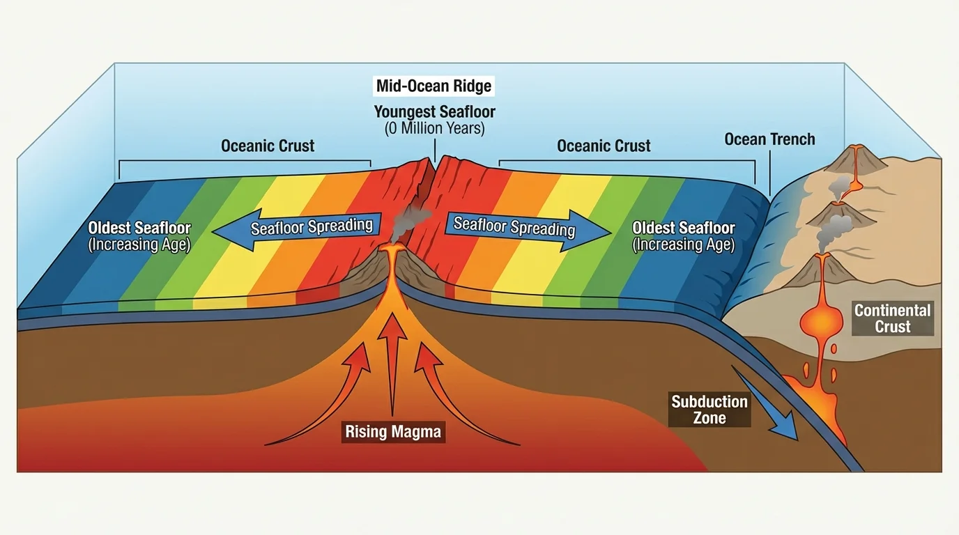 cross-section of an ocean basin with a central mid-ocean ridge, magma rising, arrows moving apart, youngest seafloor at ridge and older seafloor farther outward, plus a trench at one side