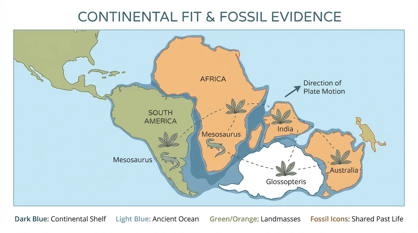 map showing South America and Africa fitting together more closely along continental shelf edges than modern coastlines