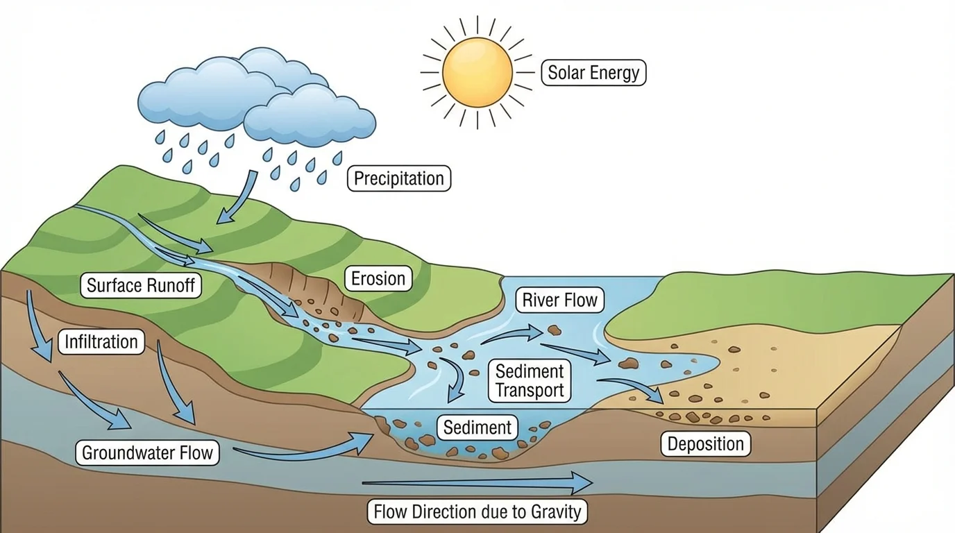 Illustration of rainwater and river flow eroding a hillside, carrying sediment, and depositing it in a wider flatter area