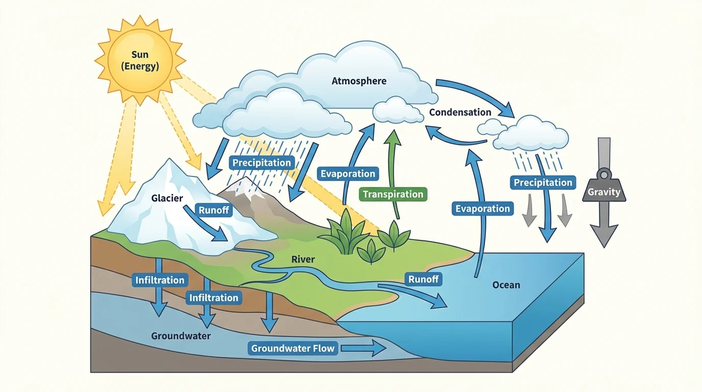 Flowchart-style model showing reservoirs such as ocean, atmosphere, glacier, river, groundwater, and plants connected by arrows labeled evaporation, condensation, precipitation, runoff, and infiltration, with sun and gravity marked as drivers