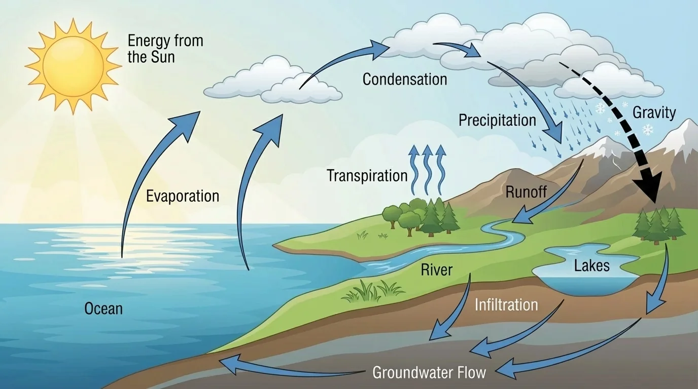 Labeled water cycle diagram showing evaporation from ocean and lakes, condensation in clouds, precipitation, runoff, infiltration, groundwater flow, and transpiration from plants