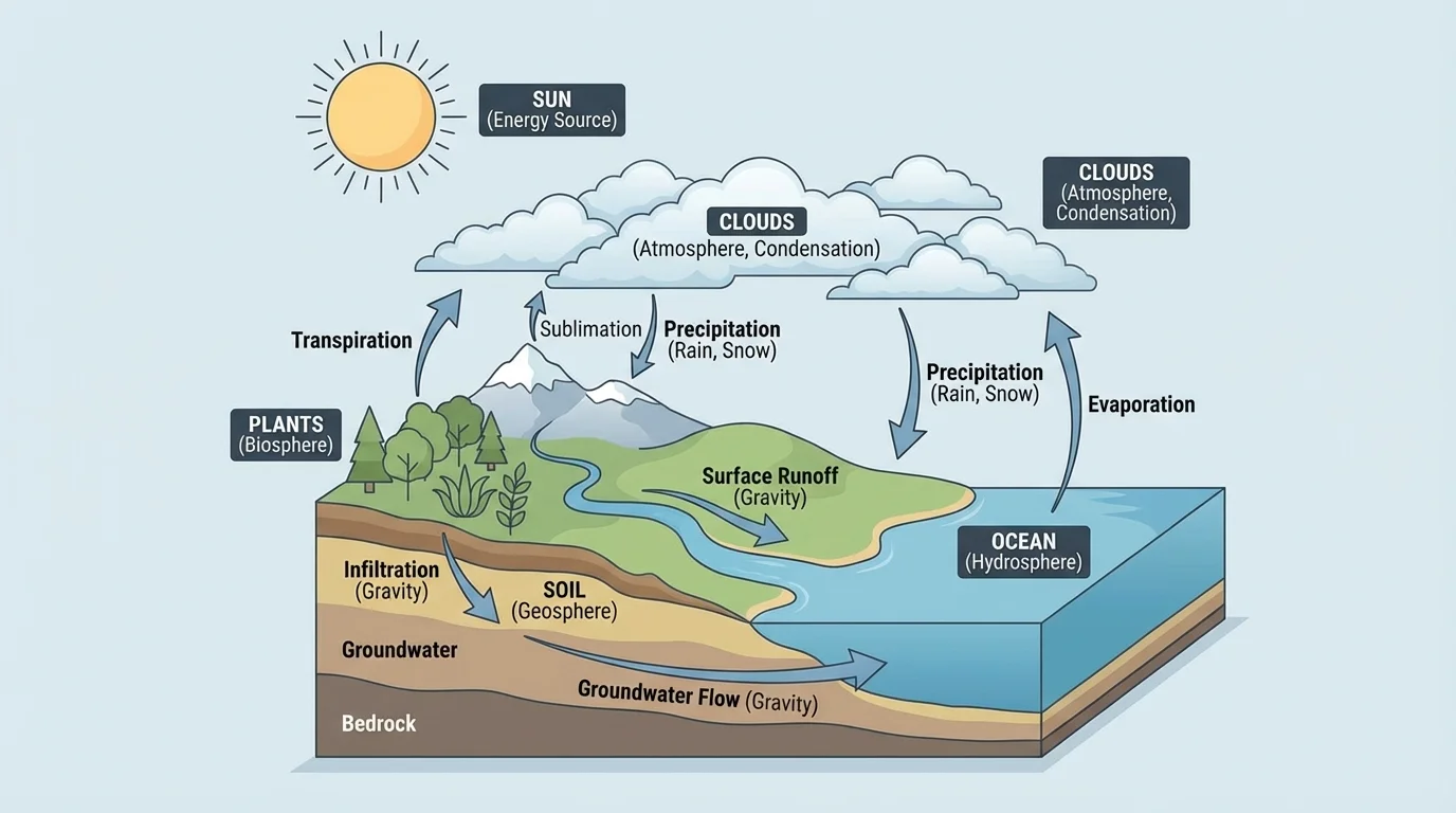 Diagram of Earth's four systems with arrows showing water moving between clouds, river, soil, plants, and ocean