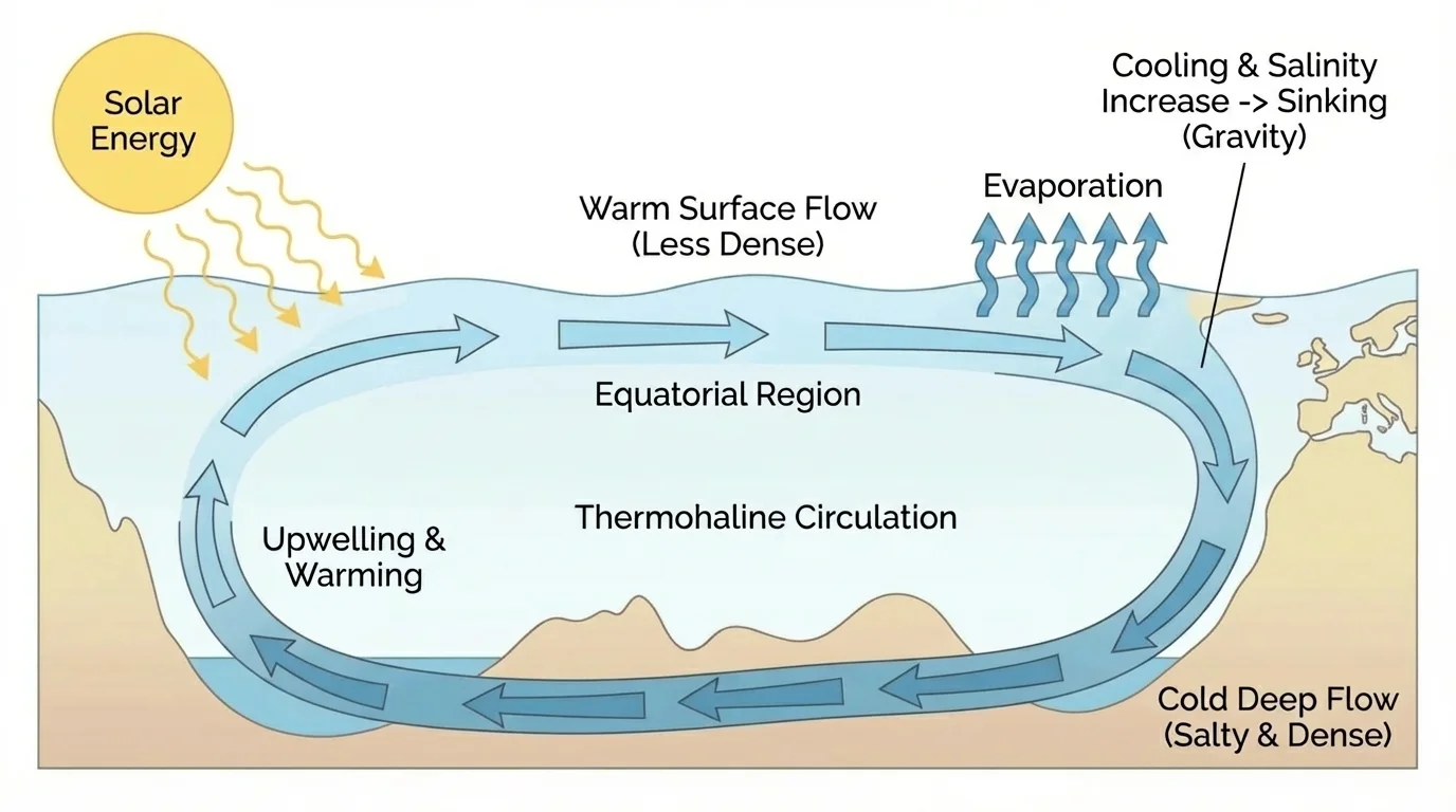 Diagram of ocean currents showing warm less-dense surface water and cold salty denser deep water moving in connected circulation